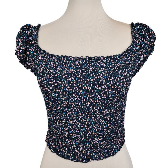 Black Stretchy Smocked Floral Crop Top - Picture 2 of 3